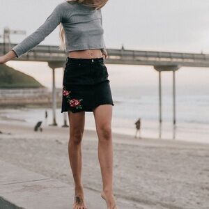 Embroidered Black Denim Skirt